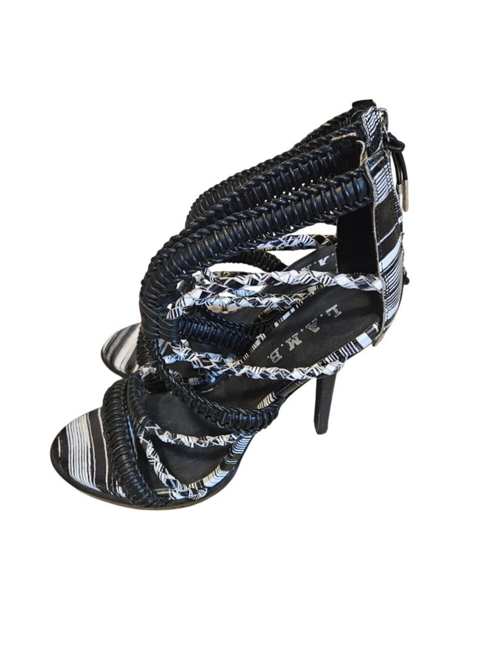 L.A.M.B. Black & White Strappy High Heel Sandals With Back Zipper Size 8